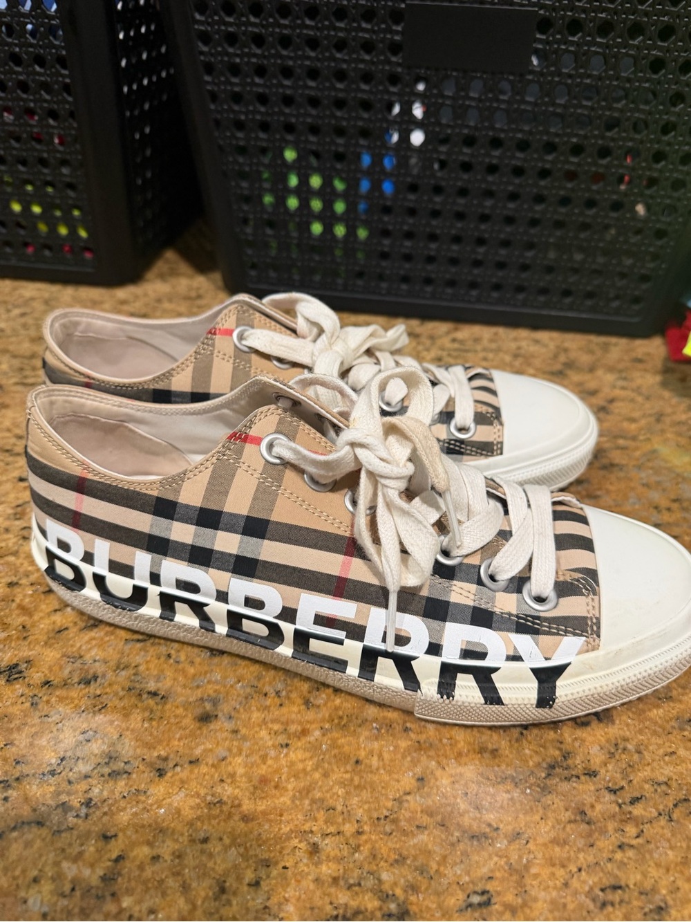 Burberry Beige Check Low-Top Kids Sneakers with Logo